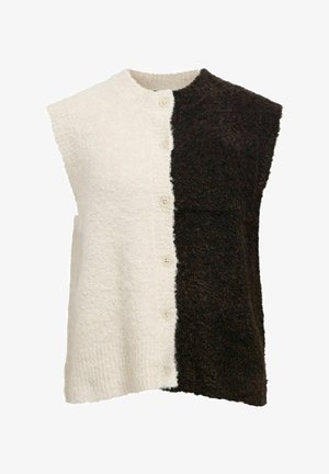 Strikvest med splittet design i creme og mørkebrun farve, korte ærmer og fire knaplukninger foran. Blød struktur.