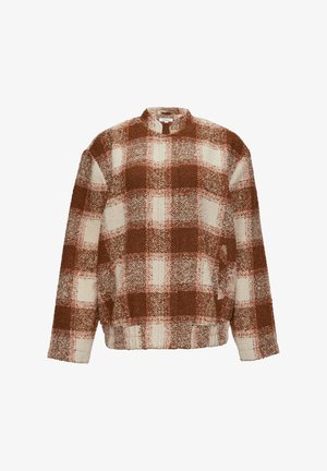 Brauner und cremefarbener karierter Pullover mit hohem Ausschnitt, strukturiertem Stoff und lockerer Passform. Verfügt über kontrastierende Karomuster.