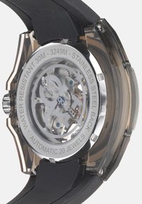 Automatikuhr mit transparentem Gehäuseboden, Edelstahl, schwarzem Gummiband und sichtbarem mechanischem Werk. Wasserdicht bis 30 m.