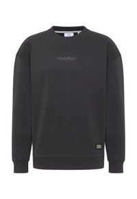 Dark gray sweatshirt with crew neck, ribbed cuffs, and hem. Features embroidered logo on the front and a branded label on the side.