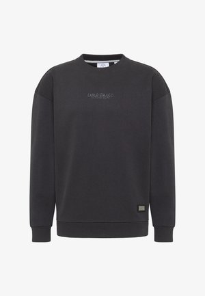 Tumehall sweatshirt, millel on ümmargune kaelus, ribitud mansetid ja äär. Esiküljel on tikandiga logo ja küljel bränditud silt.