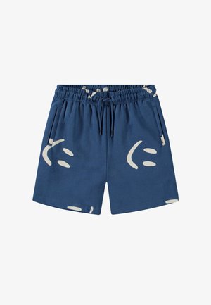 Blå shorts i mjukt tyg, med vita abstrakta mönster, elastisk midja med dragsko, och sidofickor.