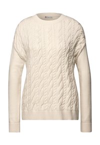 Cremefarbener Kabelstrickpullover mit rundem Ausschnitt, geripptem Saum und langen Ärmeln. Verfügt über ein strukturiertes Muster und einen weichen Stoff.