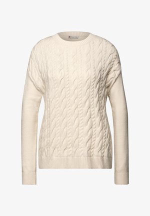 Cream cable-knit sweater with a round neckline, ribbed hem, and long sleeves. Features a textured pattern and soft fabric.
