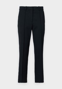 Black trousers made of a smooth fabric, featuring a flat front, two front pleats, and a classic fit with belt loops.