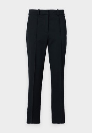 Black trousers made of a smooth fabric, featuring a flat front, two front pleats, and a classic fit with belt loops.