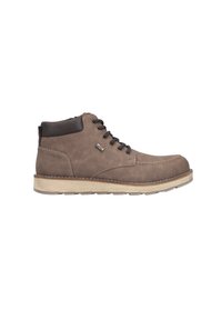 Brown leather ankle boot with a rounded toe, black lace closure, and a contrasting light rubber sole. Features stitching and a logo accent.