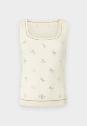 Cremefarbenes Tanktop mit Rundhalsausschnitt. Mit einem sich wiederholenden silbernen Logomuster und gerippten Saumdetails. Weicher Stoff mit glatter Textur.