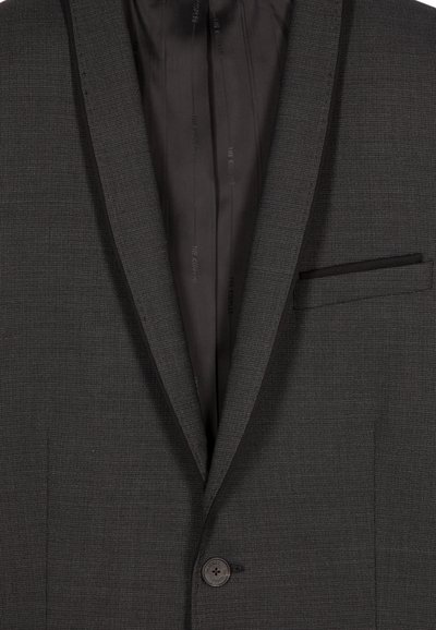 Grauer Blazer mit strukturiertem Muster, Reverskragen, Einzelknopfverschluss und einer Brusttasche. Die Innenseite hat eine glatte schwarze Futter.