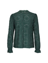 Green lace blouse with long sleeves, featuring a scalloped neckline and intricate floral patterns throughout the fabric. Textured finish.