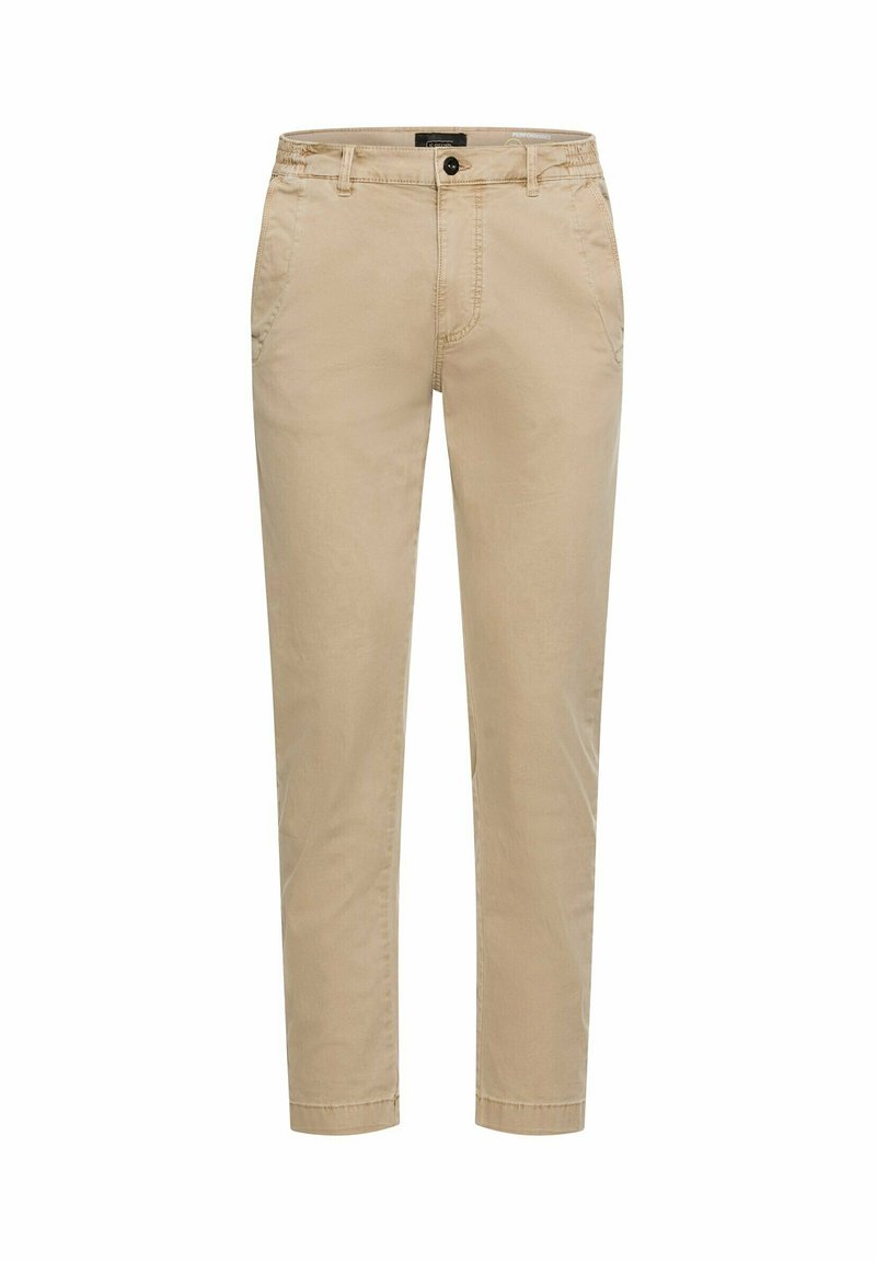 Beżowe chinosy z bawełny o dopasowanym kroju, z zapięciem na guzik, szlufkami na pasek i bocznymi kieszeniami; gładka faktura i nogawki o prostym kroju.