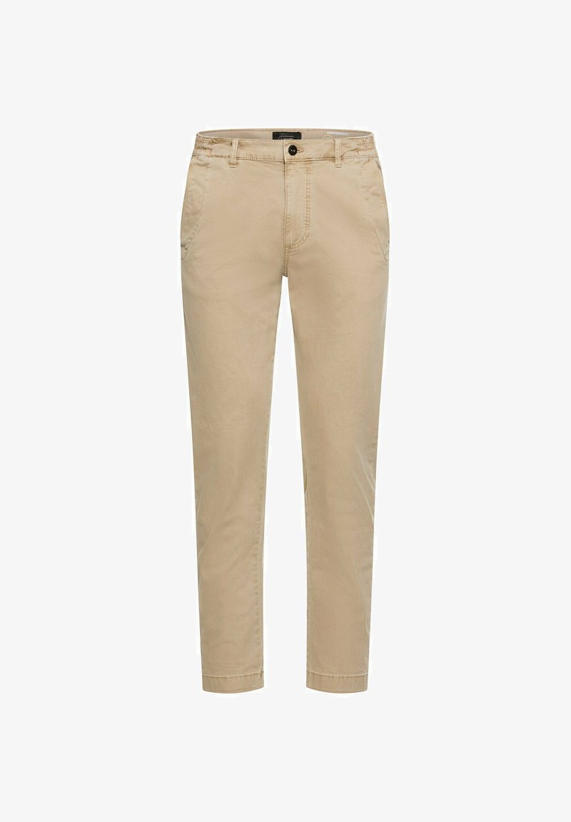 Beżowe chinosy z bawełny o dopasowanym kroju, z zapięciem na guzik, szlufkami na pasek i bocznymi kieszeniami; gładka faktura i nogawki o prostym kroju.
