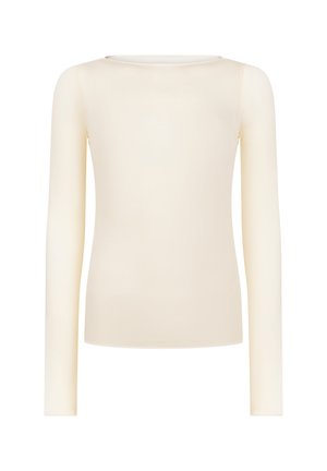 Langärmliges Oberteil mit Rundhalsausschnitt aus einem glatten, weichen Stoff. Die Farbe ist helles Creme, mit figurbetonter Silhouette und minimalen Designdetails.