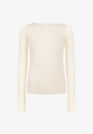 Langärmliges Oberteil mit Rundhalsausschnitt aus einem glatten, weichen Stoff. Die Farbe ist helles Creme, mit figurbetonter Silhouette und minimalen Designdetails.