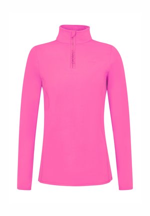 Pullover lunga manica rosa con colletto alto, dotato di zip parziale frontale e tessuto liscio e leggero. Branding discreto sul petto.