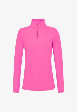 Pullover lunga manica rosa con colletto alto, dotato di zip parziale frontale e tessuto liscio e leggero. Branding discreto sul petto.
