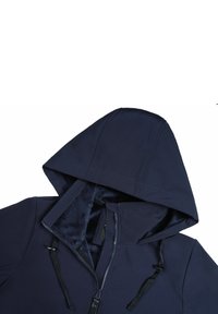 Giacca con cappuccio di colore blu navy con interno morbido e peloso. Include una chiusura con zip, cordini regolabili e cuciture rinforzate.