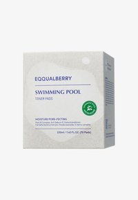 Caja de discos de tóner etiquetada "EQUALBERRY PISCINA". El material parece ecológico, de un gris claro con texto azul y un logo circular verde. 220 ml, 70 discos.