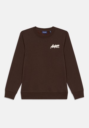 Tumepruuni pika varrukaga ümar-kaelusega fliis, millel on vasakul rinnal valge "Aspen" tekst ning soonilised mansetid ja ääred.