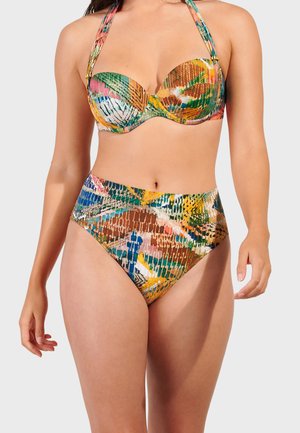 Colorful bikini featuring a patterned design in green, orange, brown, and blue. The top has a molded cup and halter neck, while the bottom is high-waisted.