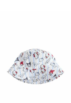 Weißer Fischerhut mit blauen Streifen und wiederholtem Muster der Cartoonfigur Hello Kitty und ihren Freunden.