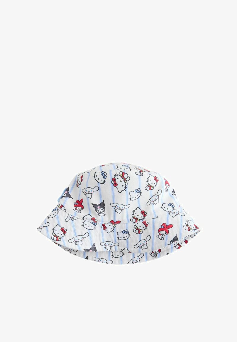 Chapeau bob blanc à rayures bleues avec des motifs répétés des personnages de dessin animé Hello Kitty et ses amis.