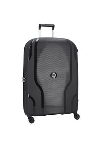 Valigia rigida nera con finitura testurizzata, caratterizzata da un motivo a rete, manico retrattile e quattro ruote per la mobilità.