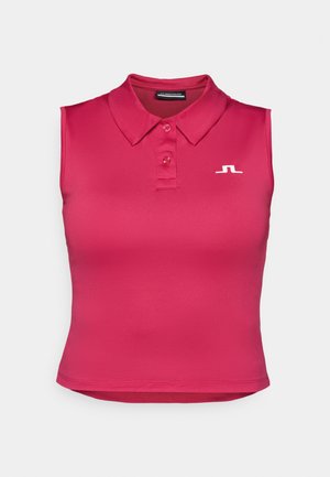 Fitted sleeveless polo shirt in bright pink. Made of smooth fabric with a classic collar, three-button placket, and a white logo detail.