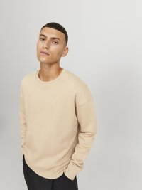 Sudadera beige de manga larga, con cuello redondo y corte holgado. La tela es suave y tiene una textura agradable, complementada por pantalones oscuros.
