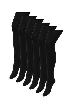 Sechs Paar schwarze blickdichte Strumpfhosen vor weißem Hintergrund, von Knöchel bis Taille gezeigt.