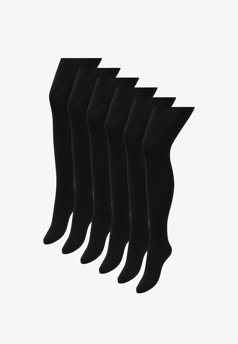 Six paires de collants opaques noirs présentées sur un fond blanc, montrées de la cheville à la taille.
