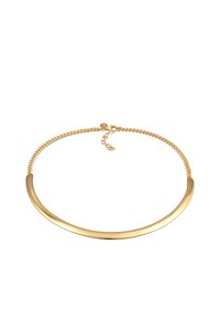 Goldene Halskette mit einem geschwungenen, polierten Vorderteil und einer strukturierten Kette mit einem verstellbaren Verschluss zur Größenanpassung.