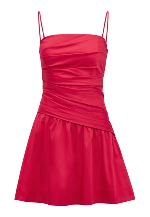 Red sleeveless dress with thin straps, ruched bodice, fitted waist, and flared skirt.
