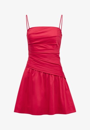 Punane varrukateta kleit õhukeste rihmadega, kortsuline ülaosa, liibuv vöökoht ja lehvikjas seelik.