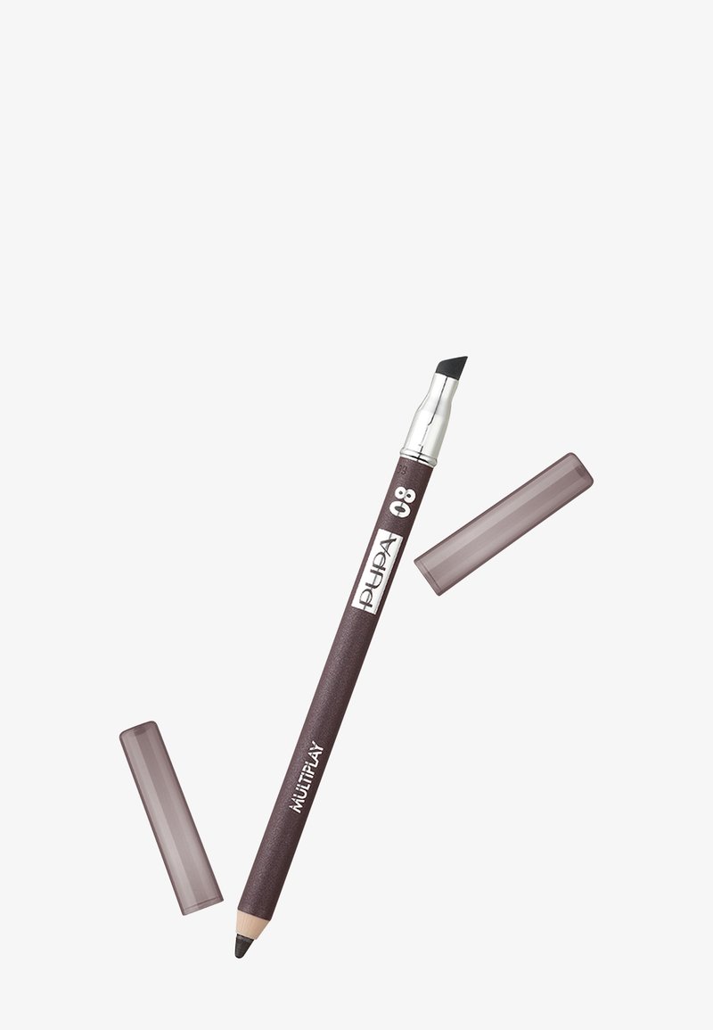 Brązowy ołówek z podwójnym zakończeniem; jedna strona ma zaostrzony grot, a druga cienki pędzelek. Zawiera przezroczyste plastikowe nakładki.