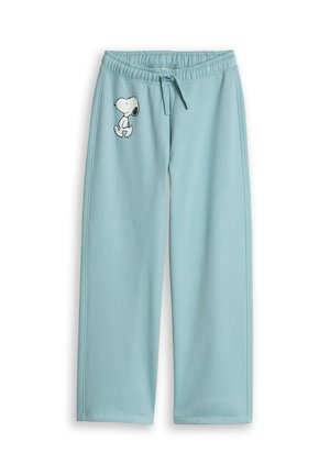 Hellblaue Jogginghose mit elastischem Bund und Kordelzug, mit einer kleinen Snoopy-Figur am oberen linken Bein.