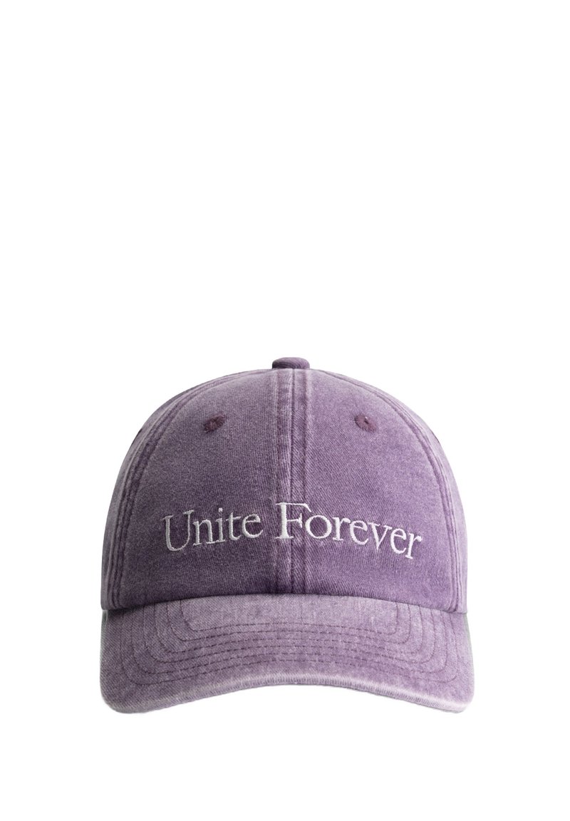 Purple cotton baseball cap with embroidered text "Unite Forever," curved brim, six-panel design, and stitched ventilation holes.