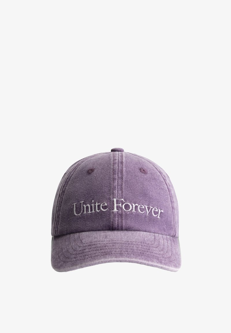 Purple cotton baseball cap with embroidered text "Unite Forever," curved brim, six-panel design, and stitched ventilation holes.