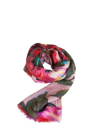 Bunte, blumenmusterte Schal aus weichem Stoff, in den Farbtönen Pink, Rot und Grün, mit fransigen Kanten für zusätzliche Textur.