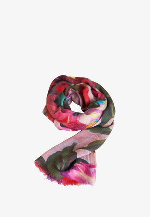 Colorful floral-patterned scarf in soft fabric, featuring shades of pink, red, and green, with fringed edges for texture.