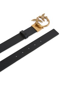 Ceinture en cuir noir avec une boucle circulaire dorée ornée de deux motifs d'oiseaux détaillés. Texture lisse avec des trous uniformément espacés.