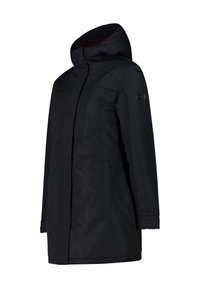 Sort vandtæt jakke med høj krave, hætte, lynlås fortil og to sidelommer. Glat tekstur med et enkelt design.
