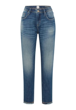Blå denimjeans med let falmet finish, lige snit, fem lommer og frynset kantdetalje ved anklerne. Standard knaplukning.