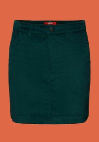 Groene corduroy rok met een getailleerde taille, voorkantenzakken en een knoopsluiting. Gladde textuur en gestructureerde vorm.