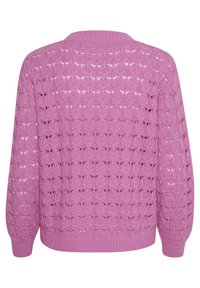 Gestrickter Pullover in Hellrosa mit einem strukturierten, offenen Strickmuster. Verfügt über einen runden Halsausschnitt sowie gerippte Bündchen und Saum.