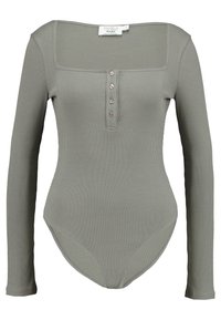 Ribbad långärmad bodysuit i dämpad grön, med fyrkantig halsringning och fem knappar framtill. Mjuk textur, figurnära design och sömlös botten.