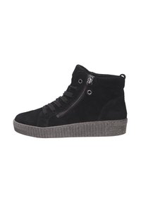 Zwarte suède high-top sneakers met een gestructureerde rubberen zool, zijrits en contrasterende veters. Heeft een ronde neus en een gewatteerde kraag.