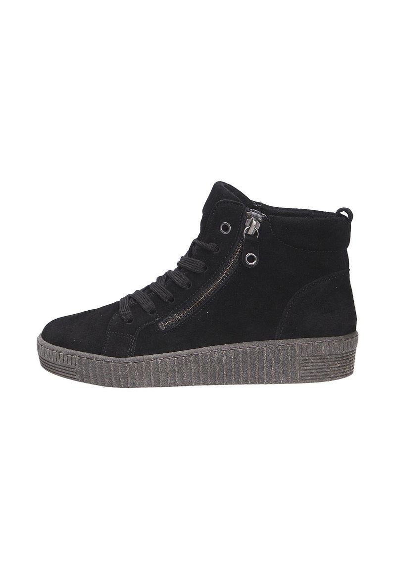 Zwarte suède high-top sneakers met een gestructureerde rubberen zool, zijrits en contrasterende veters. Heeft een ronde neus en een gewatteerde kraag.