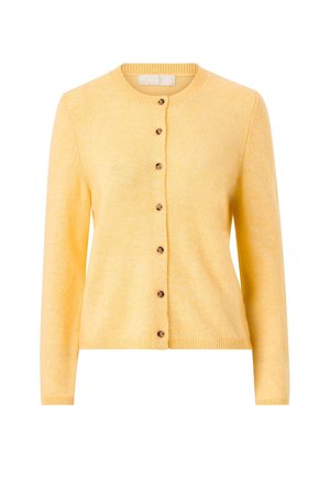 Gele cardigan met lange mouwen, ronde hals en zeven bruine knopen aan de voorkant, gemaakt van zachte gebreide stof.