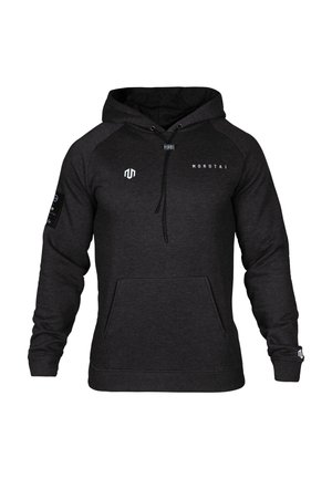 Černá mikina s kapucí, která má přední klokaní kapsu, stahovací kapuci a logo detaily. Vyrobena z měkké, texturované látky s žebrovanými manžetami.